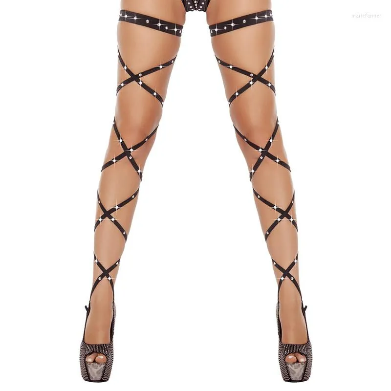 Damstrumpor Sexiga underkläder bandage Nätstrumpor Lår-Höga kristaller dubbade lår Höga ben Rave Wraps Strappy Rhinestone Tights