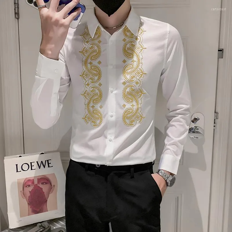 Men's Casual Shirts Luxury Embroidery Shirt Men Fashion Slimlong Sleeve Social Streetwear Clothing Business Formal Dress