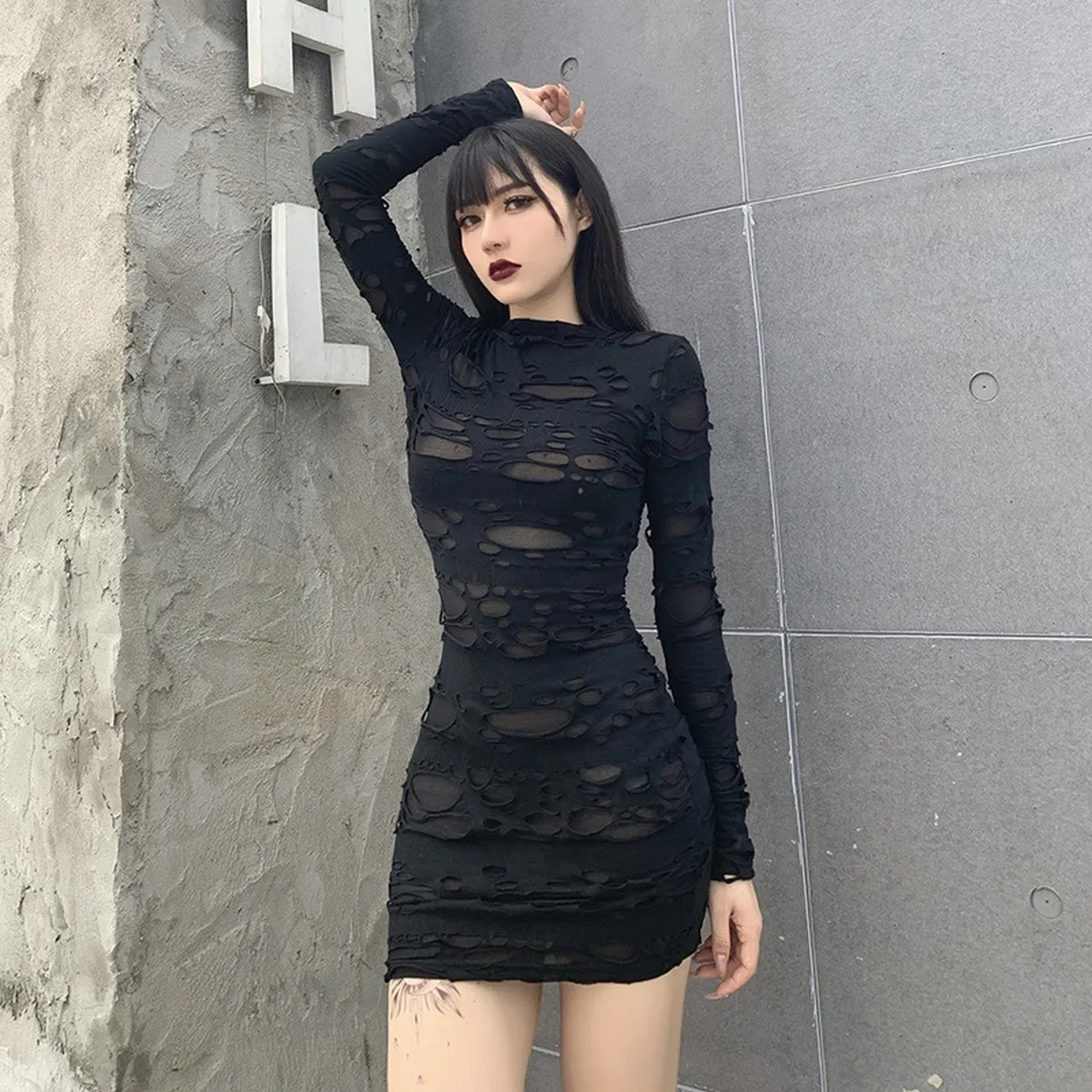 Tanie damskie odzież odzieżowa helisopus nowy gotycki czarny mini sukienka streetwear rocka punkowca pusta retro wysoki talia długi rękaw Bodycon Par ...