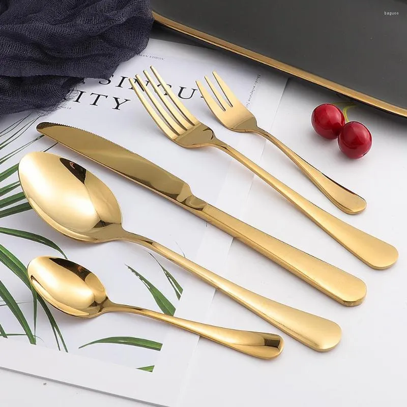 Flatware Sets 5Pcs Glossy Gold Stainless Steel Cutlery Tableware Set Kitchen Dinnerware Dinner Forks Knives Spoons Silverware