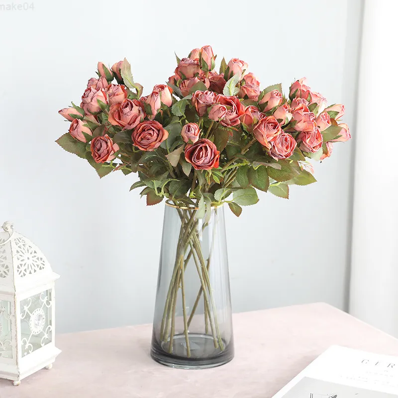 Faux Floral Greenery Display Artificial Fake Flowers To Old CokeEdge Roses European Style Retro Simulation 5 Small Roses Bouquet J220906