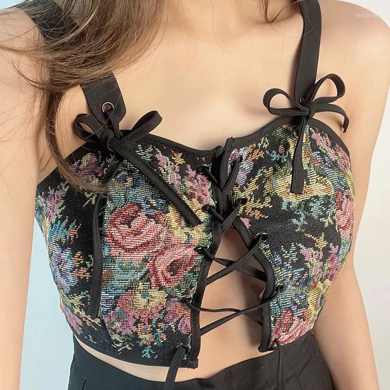 Women's Tanks Women Retro Strappy Sleeveless Crop Tops Ladies Floral Print Sexy Skinny Vest Short Camisole Club Street Wear