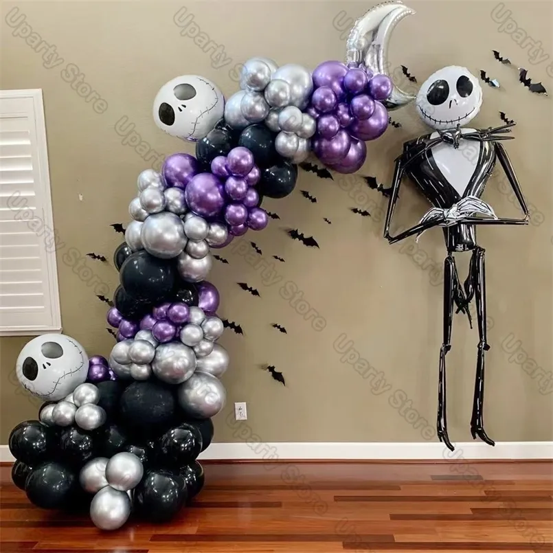 Andere feestelijke feestartikelen 1 Set Halloween Balloon Arch Garland Kit Zwart metalen Zilver Paarse Folie Skull Ballonnen voor Decoraties 220905