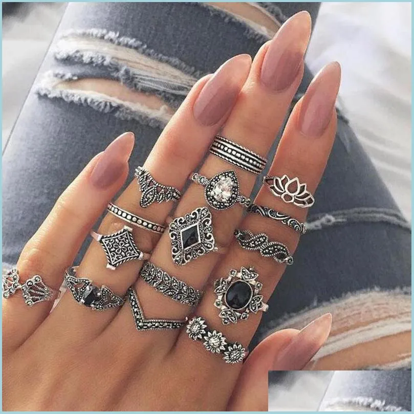 Band Rings Vintage Gold Plated Snake Elephant Leaf Rings For Womens Gothic Punk Flower Heart Adjustable Butterfly Ring Sets Vipjewel Dhsqn