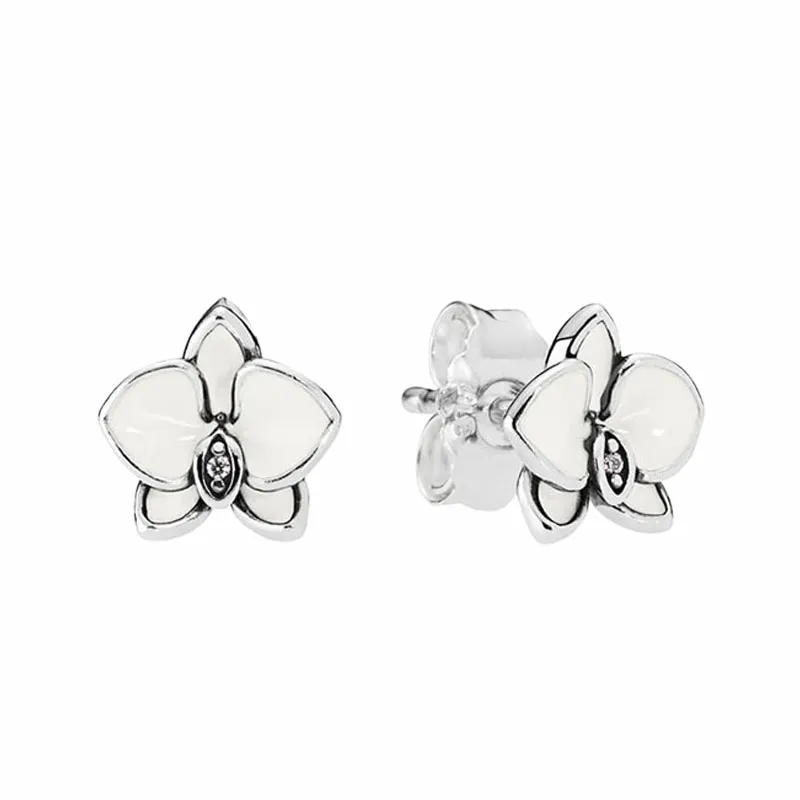 White Magnolia Stud Earring Real Sterling Silver Mujeres Niñas Party Jewelry Set con caja original Para pandora novia Regalo flores Pendientes