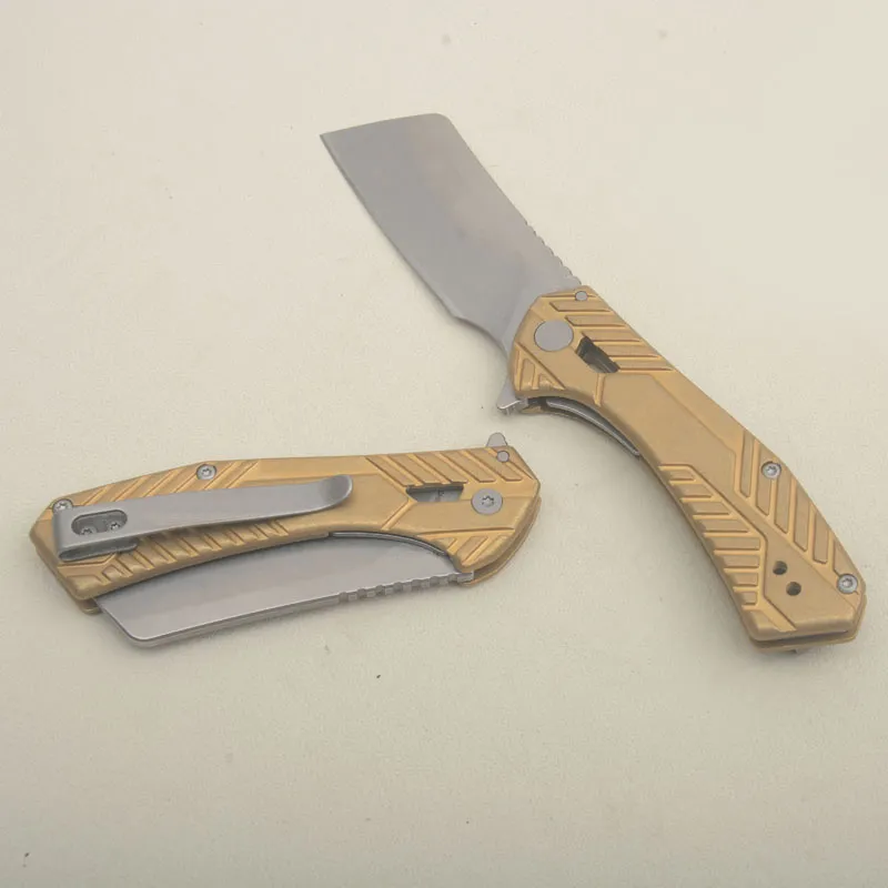 High Quality K6445 Flipper Folding Knife 8Cr13Mov Gray Titanium Coated Tanto Blade Gold Stainless Steel Handle Ball Bearing Folder Knives with Retail Box