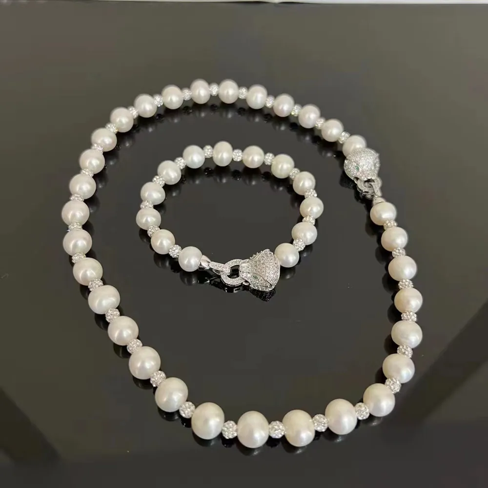 Ручная завязанная 8-9 мм белое пресноводное жемчужное ожерелье 45 см браслет 20 см циркона микроэлемент застежка набор модных украшений