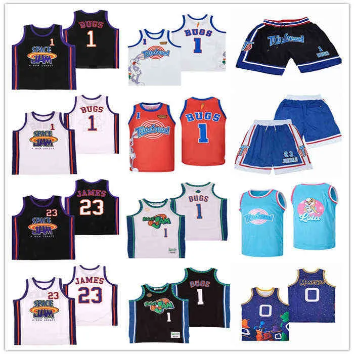 College Wear 2022 Men Space Jam New Legacy Movie #1 Bugs #23 James Basketball Jersys 스티치 검은 흰색 크기 S-XXL