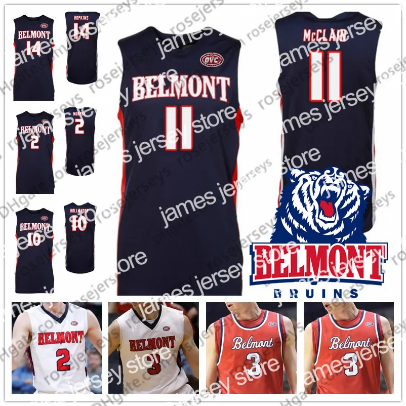 대학 농구 착용 NCAA Belmont Bruins College 농구 #11 Kevin McClain 2 Grayson Murphy 10 Caleb Hollander 14 Nick Hopkins Navy Blue White Red Jersey 4XL