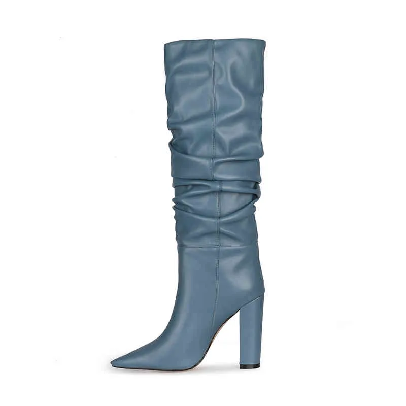 Bottes nouvelles femmes plissées demi-bout pointu talons épais sans lacet grande circonférence bleu taille femme 220906