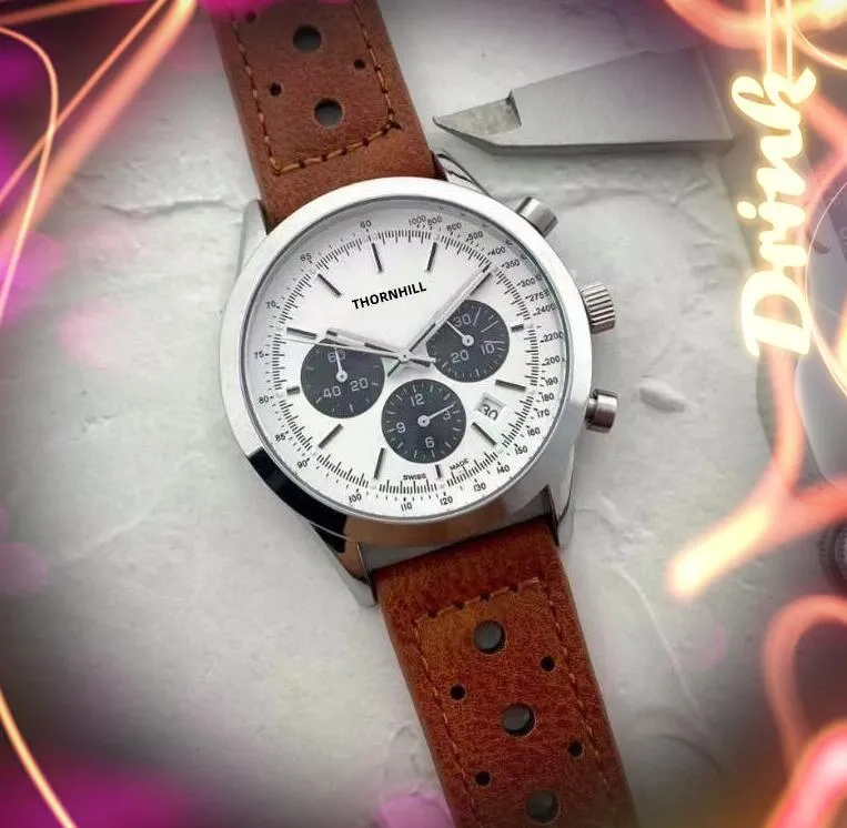 Alla rattor som arbetar Stopwatch Mens Titta på kalenderhål Läderrem Japan Quartz Movement Chronograph Multifunktionell affärs Armbandsur Populär klocka gåva