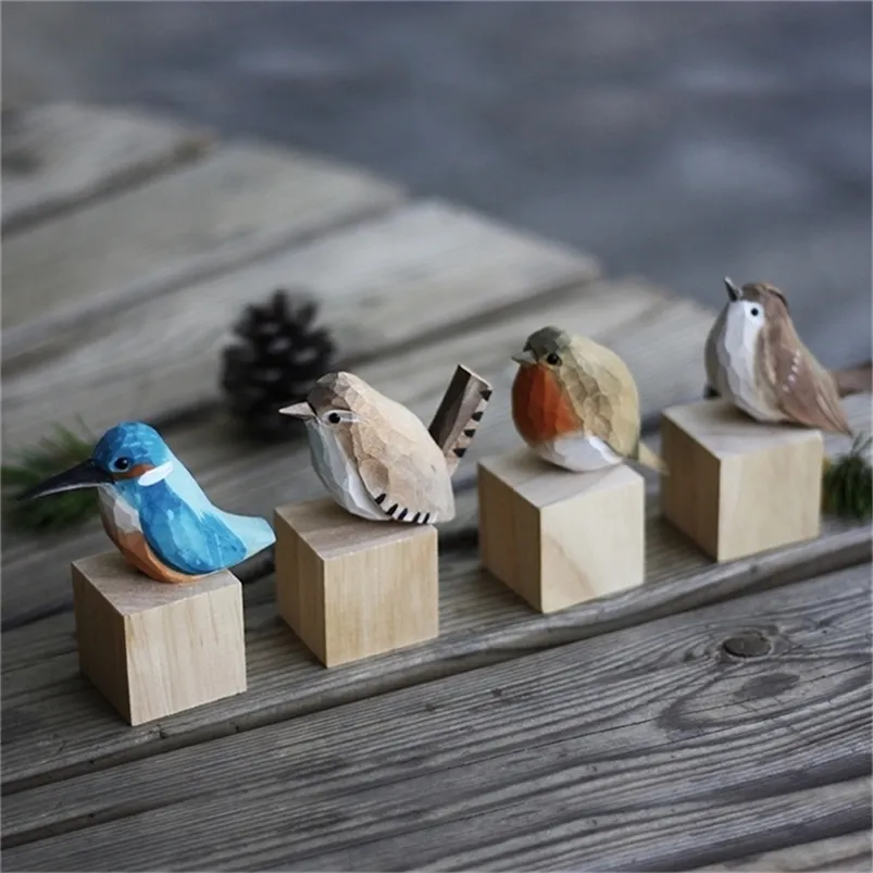 Objets Décoratifs Figurines Style Nordique En Bois Statue D'oiseau Ornements Sculpté Bois Robin Figurine Jardin Maison Artisanat Chambre Mignonne 220906