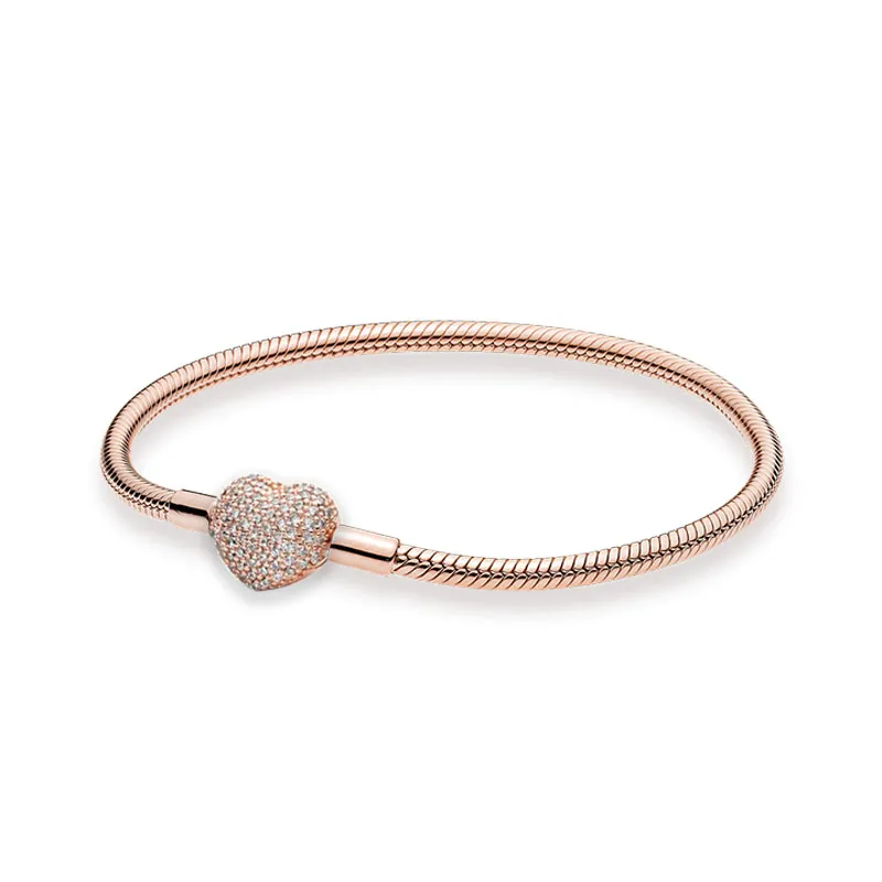 Bracciale con ciondolo a forma di cuore in oro rosa, gioielli da sposa con diamanti CZ, cofanetto originale per bracciali a catena con serpente in argento sterling Pandora