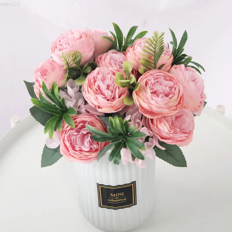 Falso floreale verde fiori artificiali per la decorazione seta rosa peonia Mariage bouquet fiore finto di alta qualità natale casa decorazione di nozze ghirlanda J220906