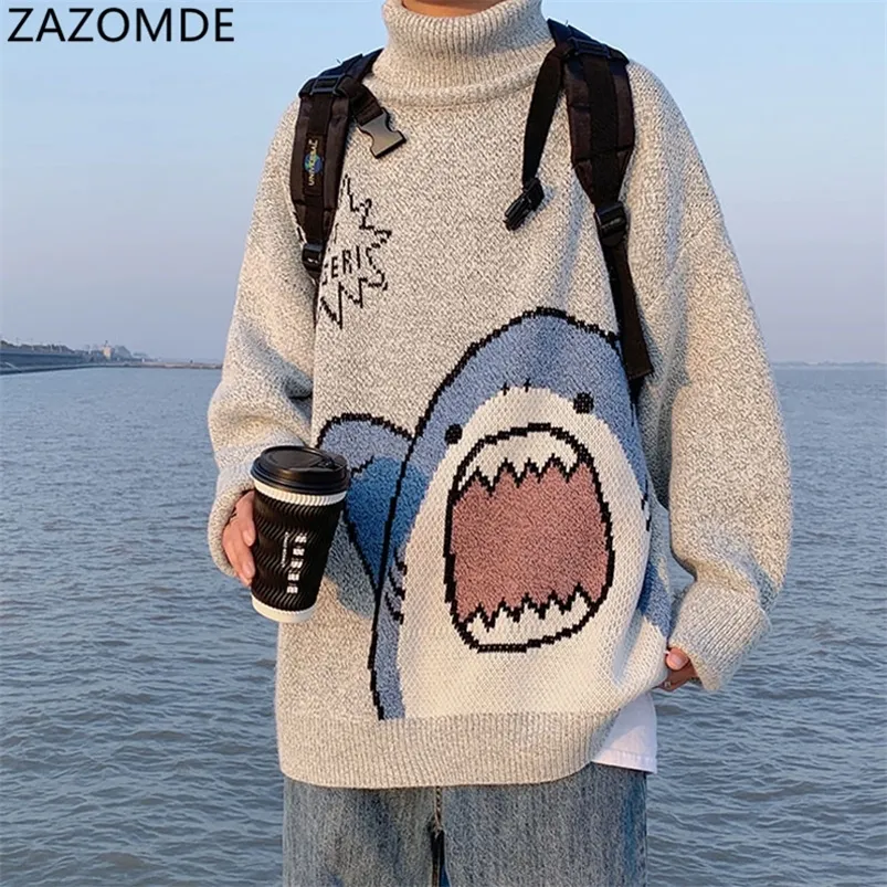 Blusas de masculino zazomde homens gurtlenecks suéter de tubarão masculino de inverno patchwor harajuku estilo coreano de pescoço alto gola alta cinza de tamanho grande para homens 220906