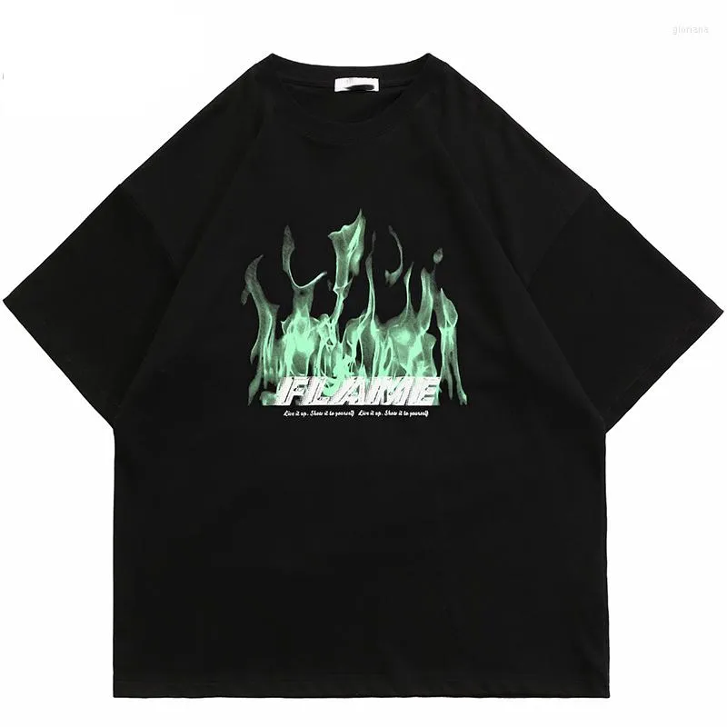 Erkek Tişörtleri Yaz Y2K Hip Hop Erkekler Kadın Tişörtler Sokak Giyim Ateş Alev Baskılı Kısa Kollu Gömlek Harajuku Gevşek Giysiler Üstleri