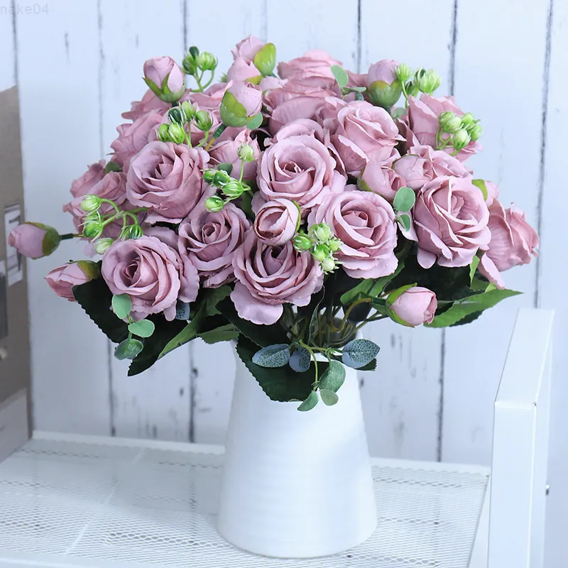 Faux Floral Greenery Beautiful Roses Artificial Flowers High Quality Luxury Wedding Decoration Silk Fake Flowers For Home Decor White Accessories J220906