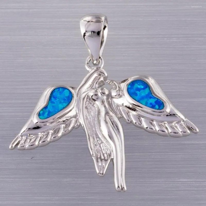 Colares pendentes Kongmoon Guardian Angel Ocean Blue Fire Opal Silver Plated Jóias para Mulheres Colar