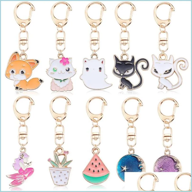 Key Rings Cartoon Cat Keychains Cute Key Chains Personality Enamel Animal Fruit Cactus Rings Car Accessories Drop Delivery 20 Yydhhome Dhwhn