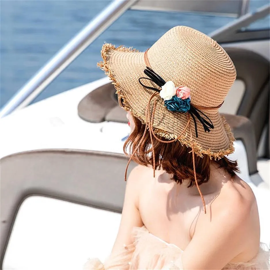 قبعات شاطئ العطلة النسائية قبعات زهرة عالية الجودة واسعة الحافة القبعات شمس قبعة المد 2 ألوان الصياد القبعات 243C
