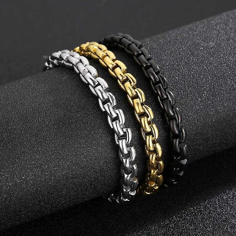 Caixa de Jóias de Aço Inoxidável 316L Correntes Masculinas Femininas Pulseiras Necessárias Alto Polido Hip Hop 8mm Corrente O Ouro Preto Aço 21,5cm