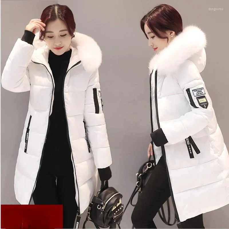 Damen Trenchcoats Winter Mittellange Damen Daunenjacke 2022 Koreanische Version von Slim-Fit Dicker warmer großer Pelzkragen mit Kapuze