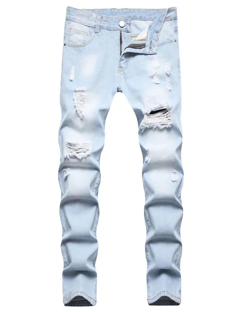 Light Blue Men's Ripped Jeans Fashion Casual Streetwear Slim Fit Denim Pants Biker Hole Hip Hop Trousers Size 28-42 Pantalones