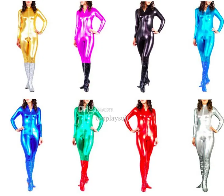 Déguisements unisexes Costumes de catsuit métalliques brillants Lycar noir Spandex Zentai Body Party club costumes de scène fermeture à glissière avant sans capuche