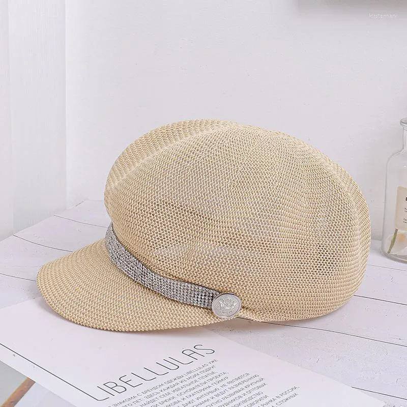Berets Rhinestone Curved Brim Sunscreen Soft Top Octagonal Hat Retro Breathable Painter High Quality Wild Men's And Women's Cap