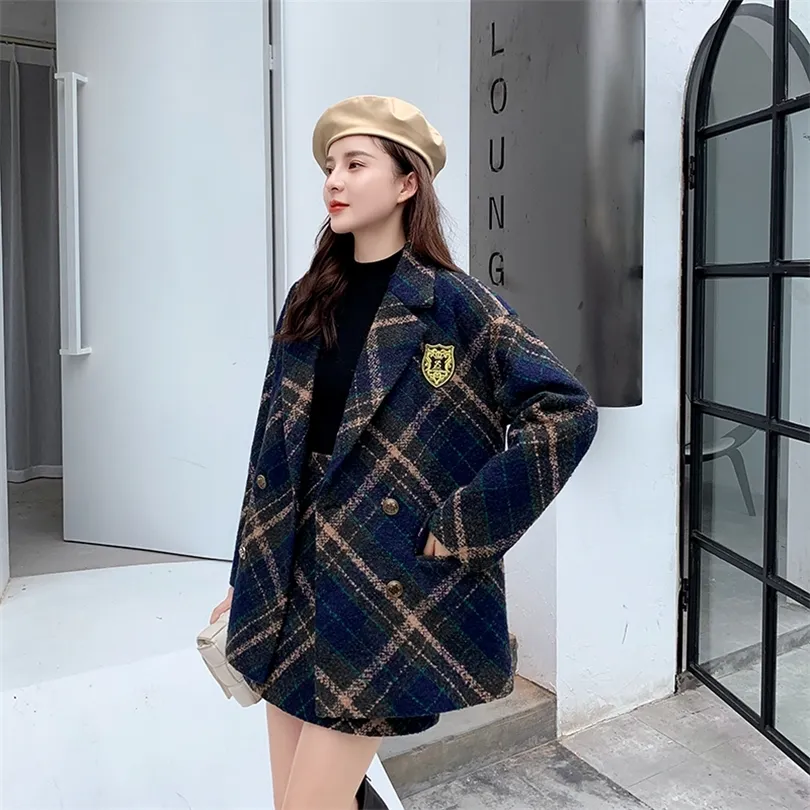 Zweiteiliger Kleid Korean Chic Cashmere Plaid zweisteuelige Frauen dicker warmer Drehkragen Blazer Jacke Tweed Röcke Anzug Frau im Winter 220906