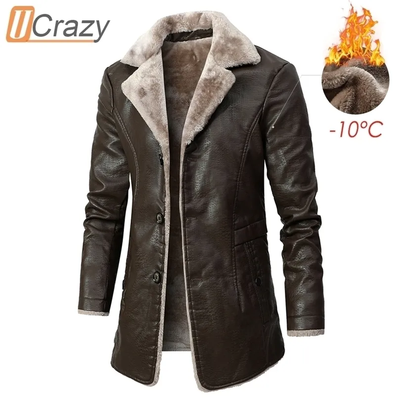 Herren Leder Faux Ucrazy Winter Casual Long Dick Fleece Jacke Parkas Outfit warmer Vintage -Taschenmantel 220905