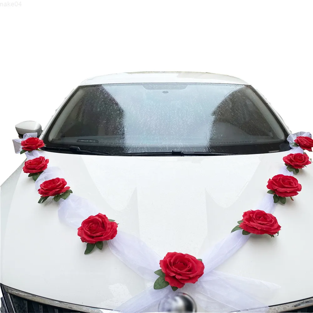 Faux Floral Greenery sztuczny kwiat róży Decor Decor Wedding Car Wreńczyk z tiulem na ślubne dekoracja ślubna J220906