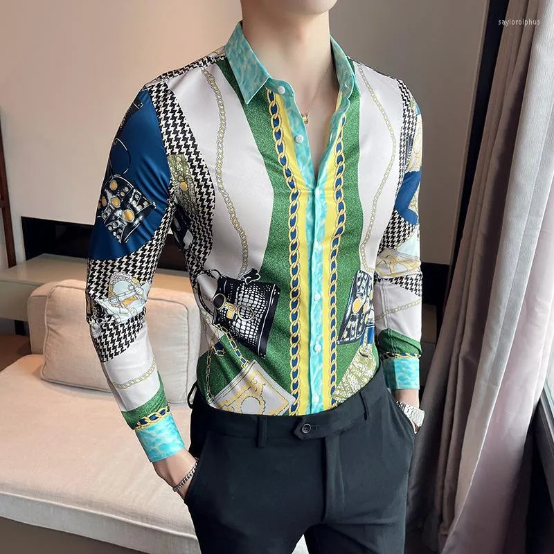 القمصان غير الرسمية للرجال 2022 أزياء زهرة خضراء ضئيلة العمل الرسمية لباس الشارع الاجتماعي Camisa Mashulina قميص طويل الأكمام الرجال