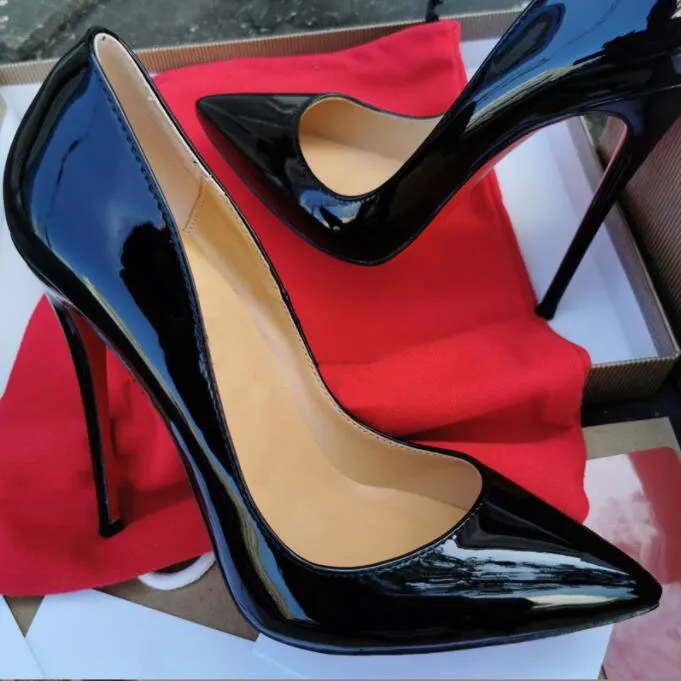 2023 女性の靴ハイヒールソーケイト本革セクシーなポインテッドトゥ 8 センチメートル 10 センチメートル 12 センチメートルパンプスレッドソールウェディングドレスシューズヌード黒光沢のある 34-44 箱なし