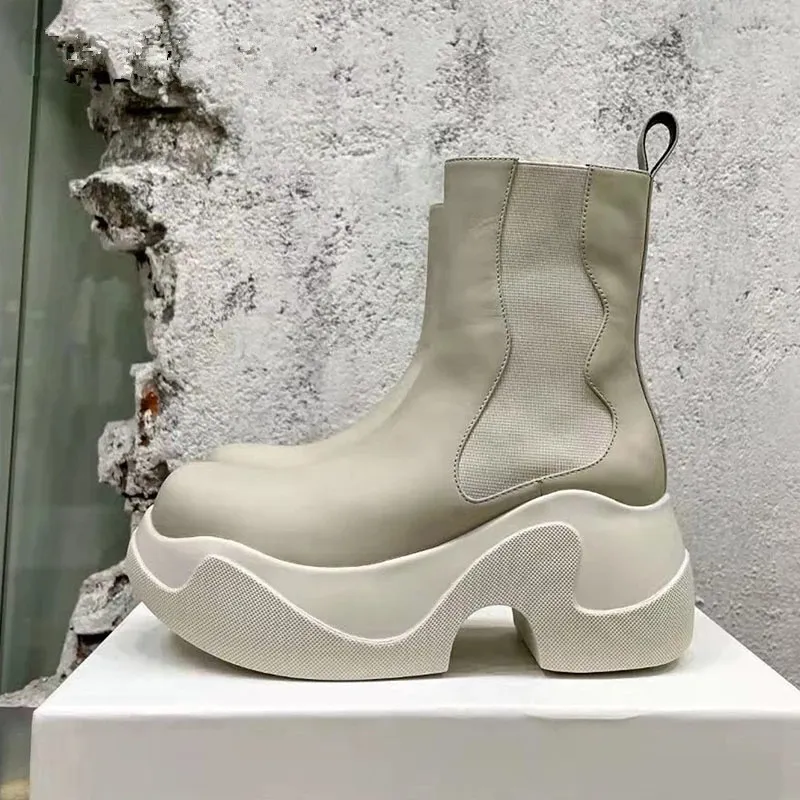 Tjock Sole Rain Boots Woman Round Toe Höjd ökar ankelen Stövel Kvinnor Gummibitäta plattformskor Kvinnor