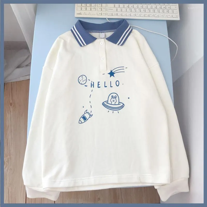 Bluzy damskie damskie bluzy koreańskie długie rękawie Zrzuć kołnierz kawaii drukowane college retro luźne swobodne bluza jesienna pullover