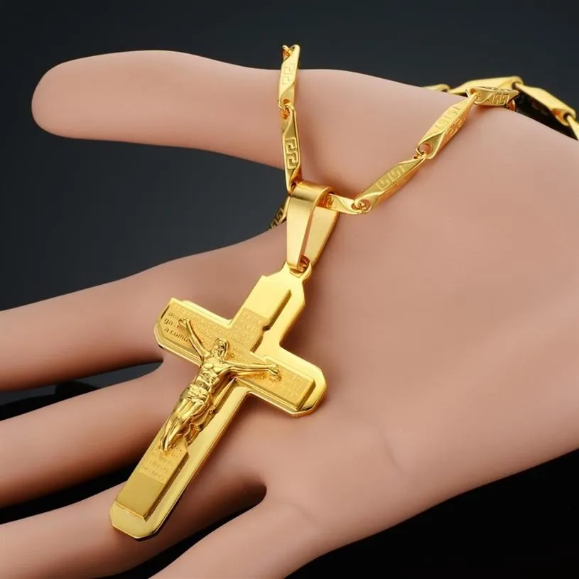 معلقات Jesue Cross للرجال المجوهرات الفولاذ المقاوم للصدأ 18K الذهب مطلي بالذهب مسلسل صليب قلادة سلسلة NP93265E