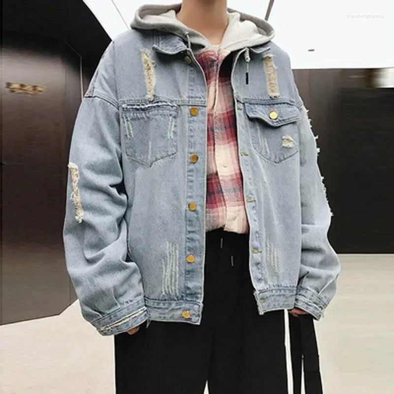 Trenchs de hommes en gros 2022 patch denim veste mâle déchiré plus engrais lâche adolescents gros japonais automne hiver belle rue