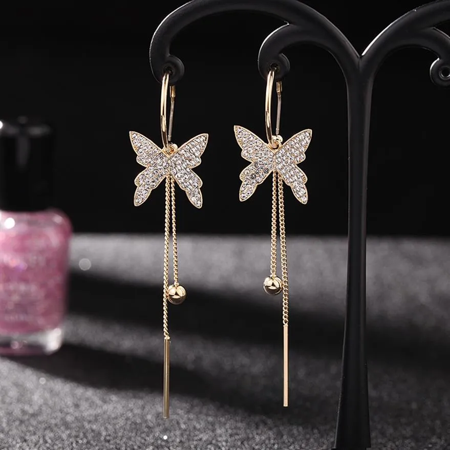 Diamond Zirconia Butterfly Tassel أقراط الأزياء مصممة فاخرة مقطع دائري على أقراط المجوهرات للنساء Girls S925 SI251B