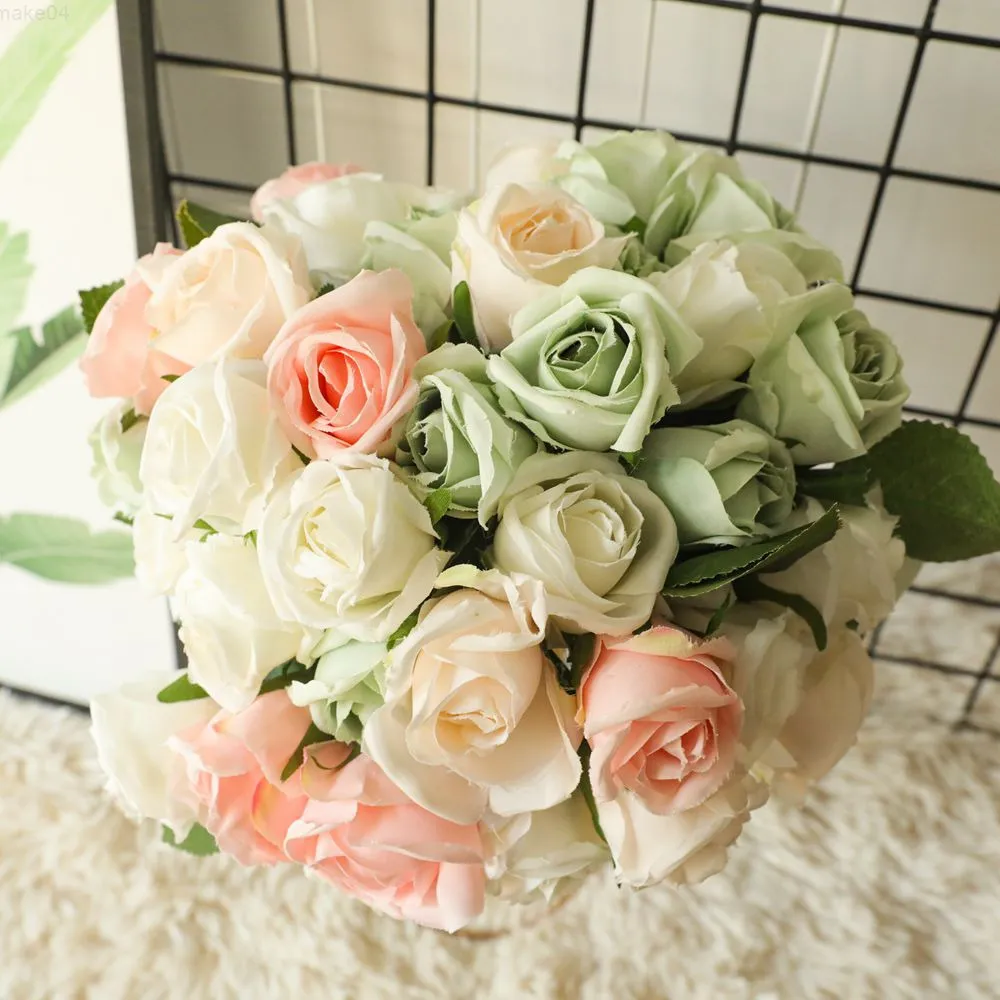 フェイクフローラルグリーンローズピンクピンクピンクペーニー人工花ブーケ6バラ家族の結婚式の装飾のための安い偽の花J220906