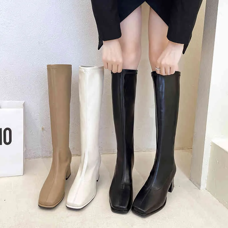 Boots 2022 New Winter Shoes Women High Long Fashion Lond Leather Leany Leady Square Square Toe Knee- 220906