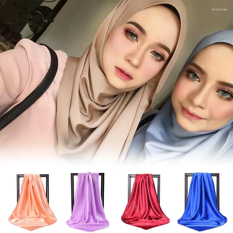 Boinas 90 90cm Pañuelo cuadrado de seda Hijab Moda Mujer Chales de colores sólidos y envoltura Oficina Señora Cuello de pelo Foulard India Pañuelo musulmán