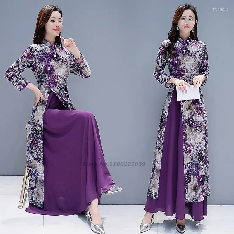 Etniska kläder 2022 Vietnam ao dai klänning kvinnor kinesisk tradition cheongsam qipao plus size lila blommig tryck smal stil elegant246q