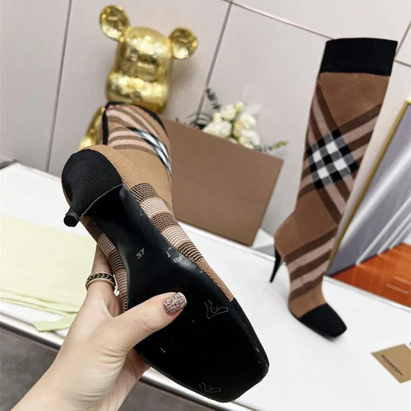 F/W Womens Over The Knee Boots Stretch Knit Sock Stiletto Heels Booties For Party Woman Luxury Fall Winter Designer Pointed Toes Slip-on Fashion Ankle Boot Rainboots