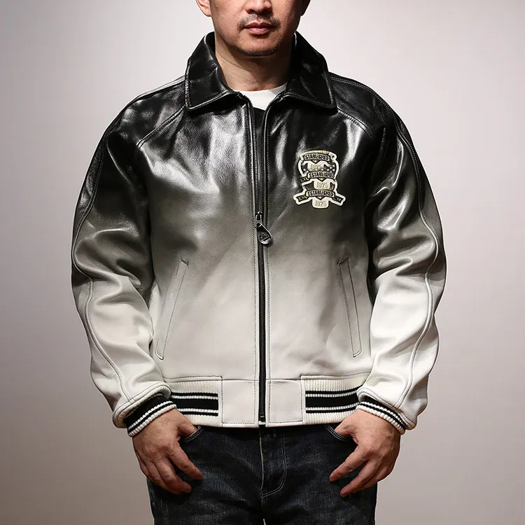 Black White Thick Sheepskin Leather Flight Suit Jacket Lapel Neck Motorcycle Bomber Jackets YKK