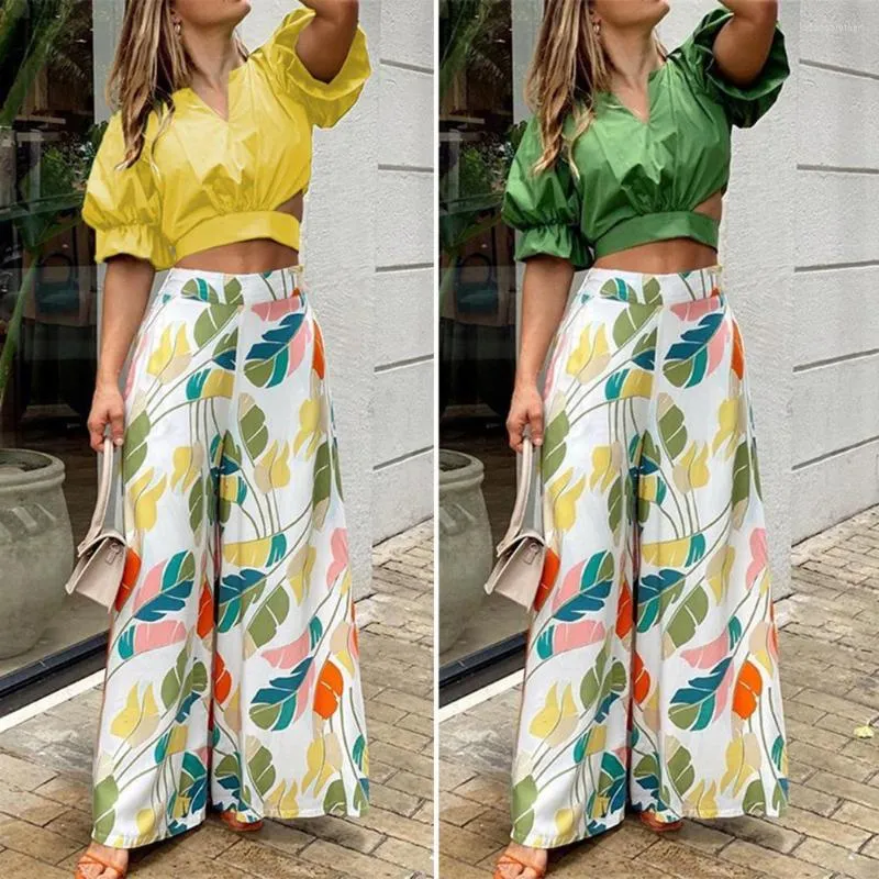 Kvinnors tvådelade byxor 2st/set Women Outfit V-Neck Simple Non-Shrink Colorful Leaf Print Top Set Shirt Wide Leg Summer