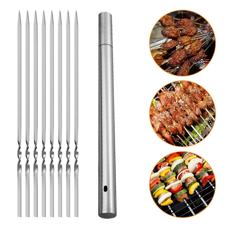 Keukengereedschap roestvrijstalen barbecue spies spies opbergbuis herbruikbare grillsticks plat bbq vork bbq bestek keukens buiten camping accessoires