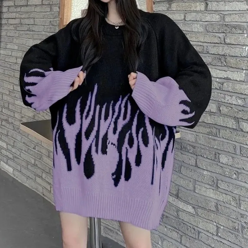 Aesthetic Purple And Black Fire Sweater Y2K Flame Sweater Women's