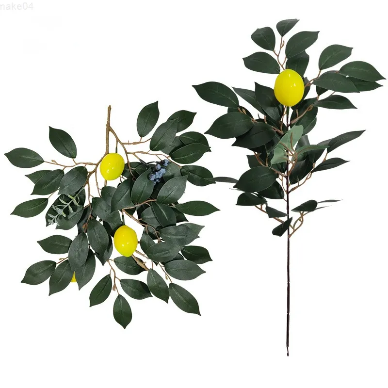 フェイクフローラルグリーン植物ハンガーレモンノルディックスタイルのインテリア装飾緑の植物バンヤンの葉シミュレーションレモンJ220906