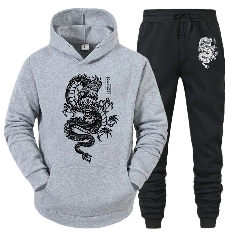 Survêtements pour hommes Hommes Survêtement Set Sweat à capuche Printemps Hiver Dragon Imprimer Casual Sweat-shirt Sportwear Homme Streetwear Hommes Vêtements 220905